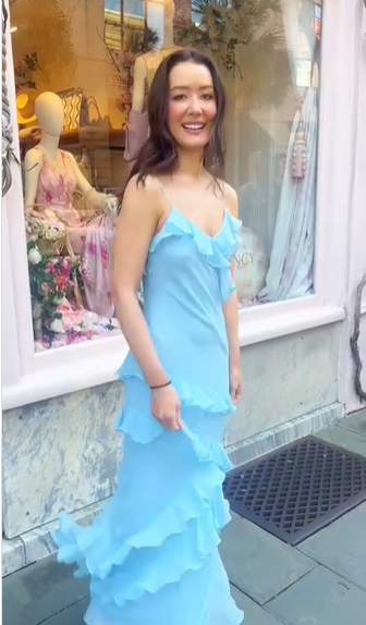 Elegant Spaghetti Straps Blue Ruffle Chiffon Prom Dress Backless Evening Dress Y8267