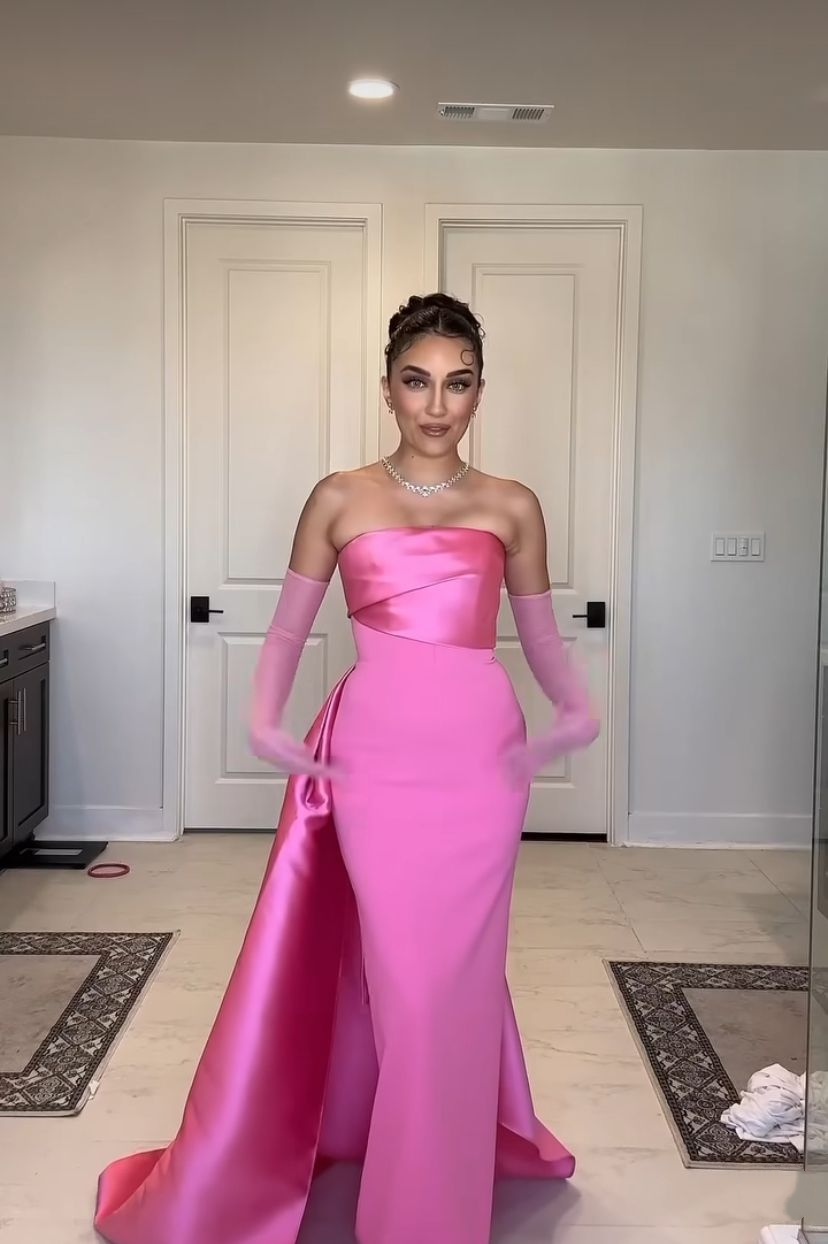 Stylish Strapless Satin Pink Pleated Mermaid Party Dress Long Birthday Prom Gown SP990