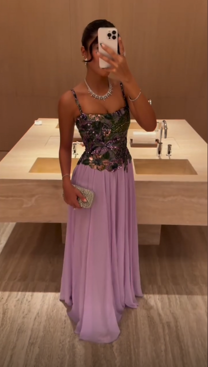 Sparkly Spaghetti Straps Purple Sequin Chiffon Long Party Dress Birthday Prom Dress SP3992