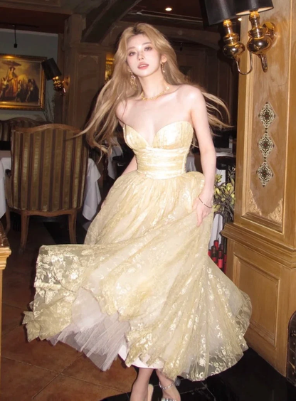 Shiny Sweetheart Neck Tulle Lace Long Birthday Party Dress Gold Long Prom Gown SP3882