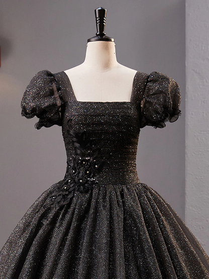 Black Square Neckline Tulle Long Prom Dress, Shiny Black Evening Dresses Y4386