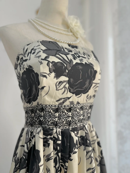 Vintage Strapless Satin Printed Floral Short Graduation Homecoming Dress Birthday Dress Y9761