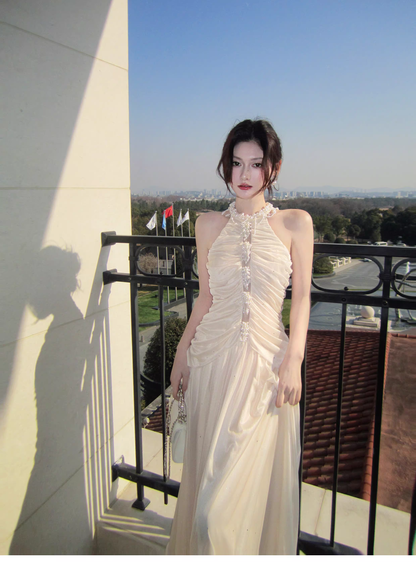Elegant Pink Halter Tulle Sequin Beaded Mermaid Long Birthday Party Dress Formal Wedding Guest Dress SP1503