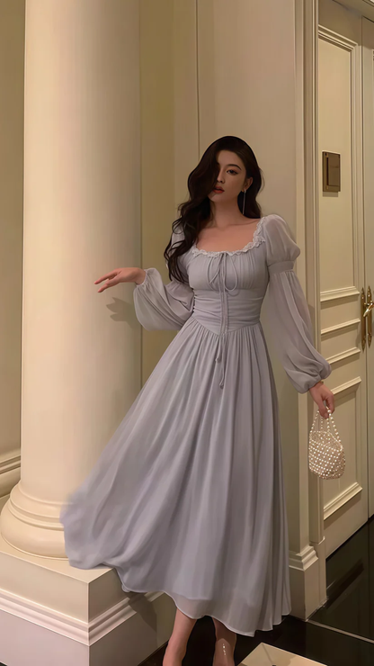 Grey Lace Chiffon Long Sleeves Party Dress Elegant Prom Evening Dress Y8021