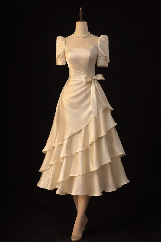 Classy White Satin Layered A Line Long Party Dress Prom Dress SP2276
