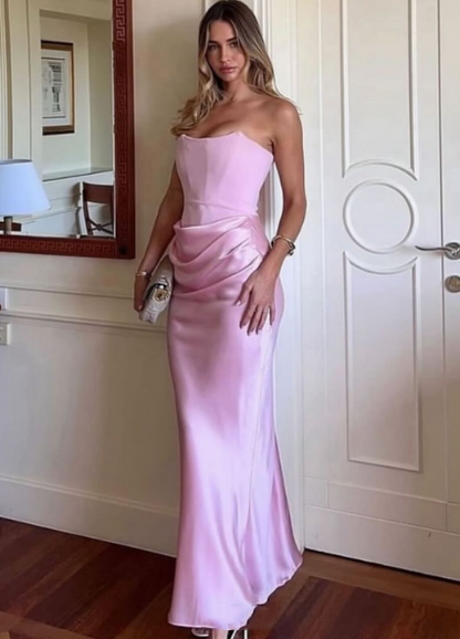 Sweet Pink Strapless Satin Pleated Long Wedding Guest Dress Evening Gown SP987