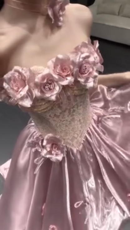 Glamorous Pink Strapless Satin Lace Long Prom Dress Party Gown With 3D Flowers SP2176