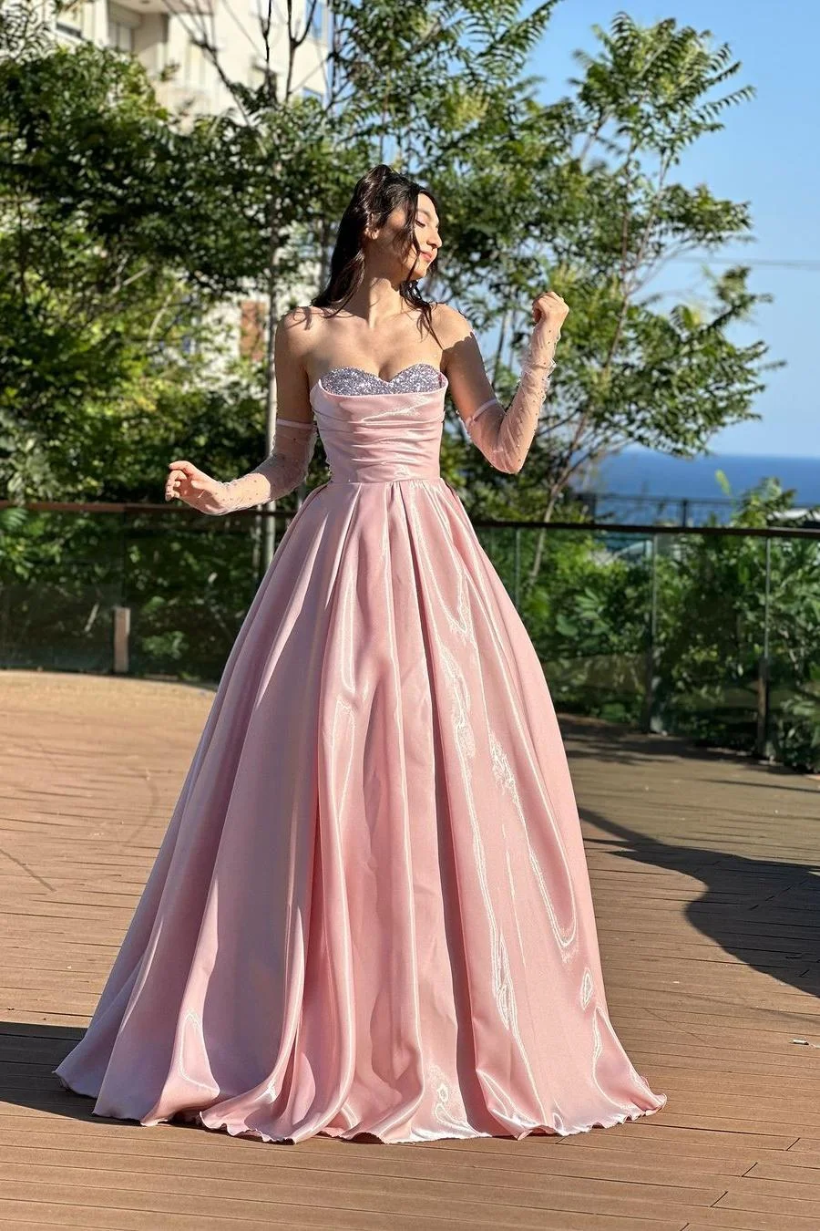 Charming Pink Strapless Beading A Line Long Prom Dress With Detachable Sleeves Y7645