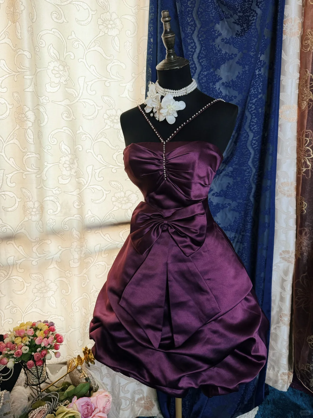 Vintage Purple Satin Bow Pleated Short Homecoming Dress Cocktail Dress With Beads SP2191