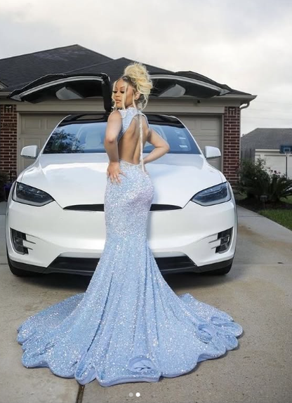 Blue Sparkly Evening Dress Long Mermaid Prom Dress Y1647