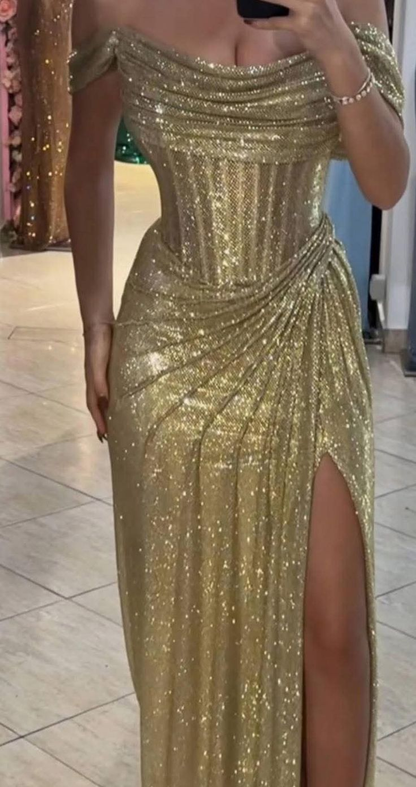 Glitter Silver Sequin Off The Shoulder High Slit Mermaid Long Party Dress Birthday Dress SP2593