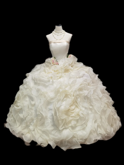 Cute Strapless White Tulle Pleated Ruffled Quinceanera Dress Sweet 16 Dress With Flowers SP593