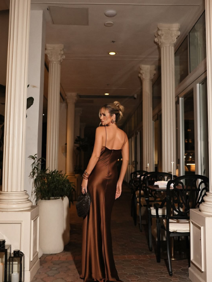 Stylish Brown Spaghetti Straps V Neck Satin Mermaid Evening Dress Long Wedding Guest Dress SP1099