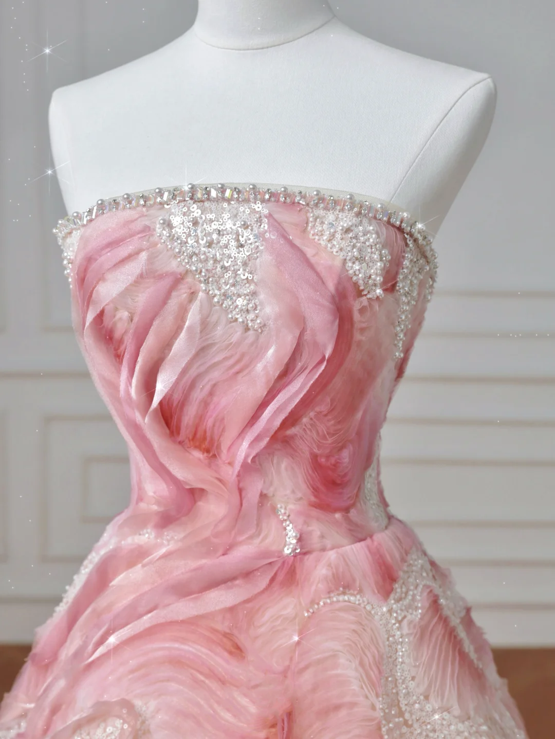 Dream Pink Strapless Satin Print Sequins Prom Dress,Princess Birthday Ball Gown Y8604