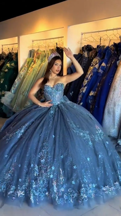 Elegant Sweetheart Neck Tulle Sequin Beaded Sweet 16 Dress Navy Blue Quinceanera Dress SP4297