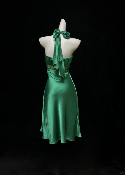 Stylish Halter Satin Beaded Cocktail Dress,Green Short 6th Grade Homecoming Dress SP2706