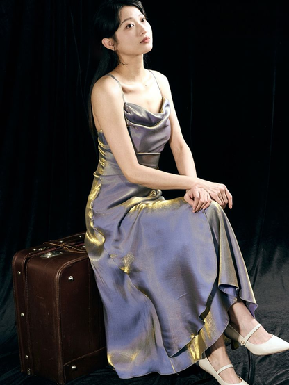 Simple Purple Asymmetrical Flounce Hem Spaghetti Straps Party Dress Y8775