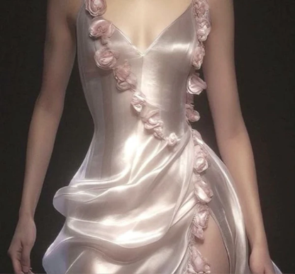 Pink V Neck 3D Flowers Sexy Long Prom Dress,High Slit Evening Party Dress Y8493