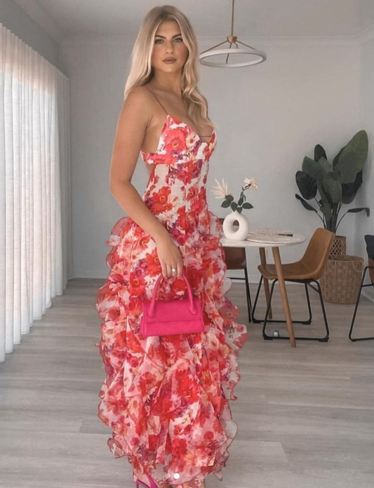 Sexy Floral Ruffle Long Party Dress Red Backless Evening Dress Y8703