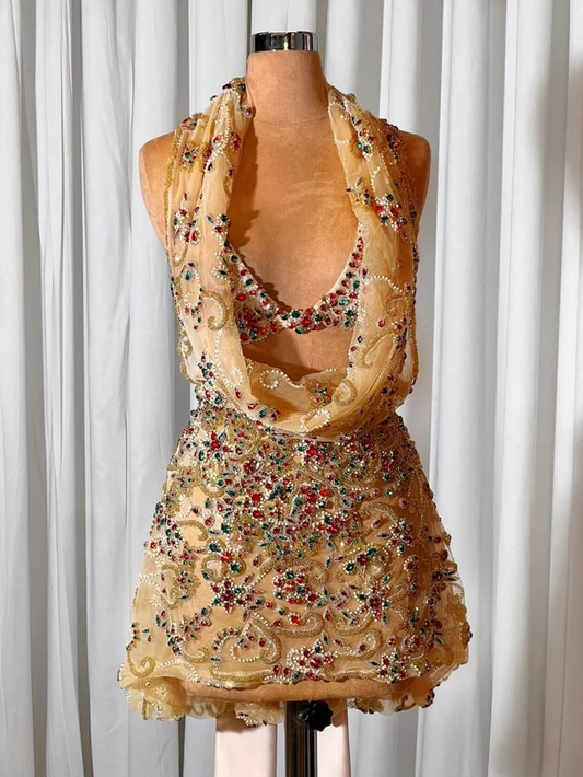 Gorgeous Champagne Halter Tulle Beaded Sheath Cocktail Dress Formal Graduation Homecoming Dress Birthday Outfits Y9677