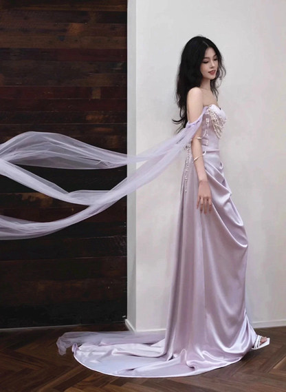 Light Purple Satin Long Evening Dress,Sweetheart Prom Dress Y8312