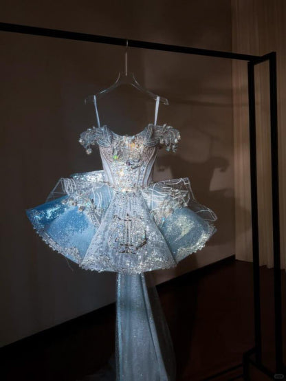 Glitter Off The Shoulder Blue Sequin Tulle Beaded A Line Short Homecoming Dress Birthday Outfits With Bow SP3146