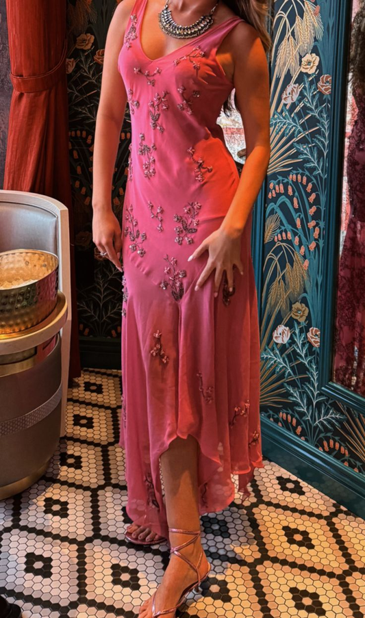 Classy Pink V Neck Chiffon Beaded Mermaid Long Evening Dress Prom Dress SP1107