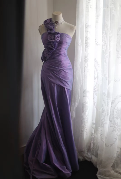 Classy One Satin Pleated Purple Mermaid Party Dress Formal Wedding Guest Dress SP749
