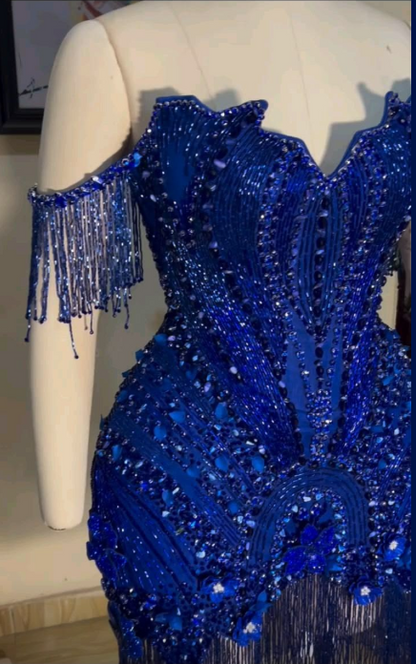 Luxurious Royal Blue Satin Beaded Tassel Short Homecoming Dress,Off The Shoulder Bodycon Mini Birthday Dress SP3024