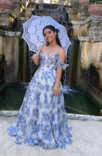 Blue Flower Pattern Prom Dress Spaghetti Strap Princess Formal Occasion Dresses A-line Party Dress Y2722