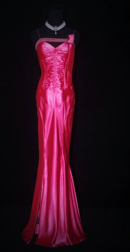 Classy Spaghetti Straps Hot Pink Satin Beaded Mermaid Long Party Gown Prom Dress SP366