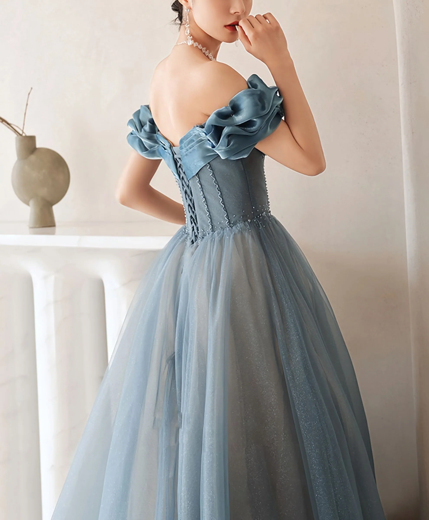 Blue Sweetheart Off Shoulder Tulle Long Prom Dress, Blue Formal Dress Y4255