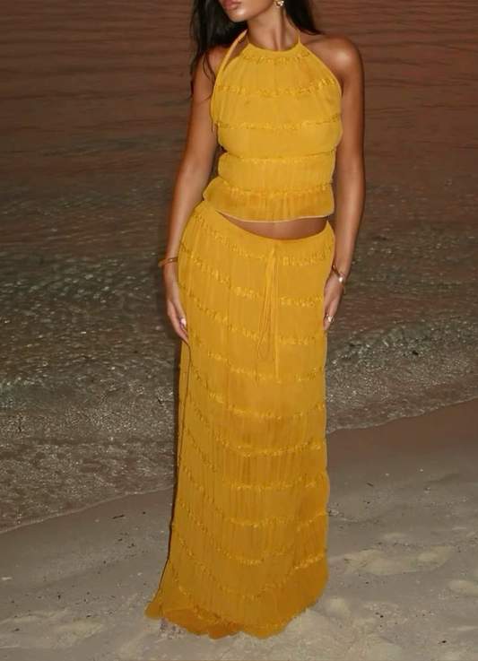 Sexy Halter Chiffon Backless Party Dress,Orange Long Vacation Dresses Two Piece  Y8751