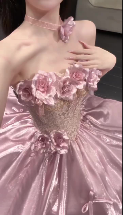 Glamorous Pink Strapless Satin Lace Long Prom Dress Party Gown With 3D Flowers SP2176