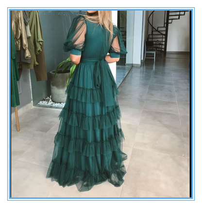 Charming V-neck Pleat Tiered Green A-line Prom Dress Simple Half Sleeves  Y4299