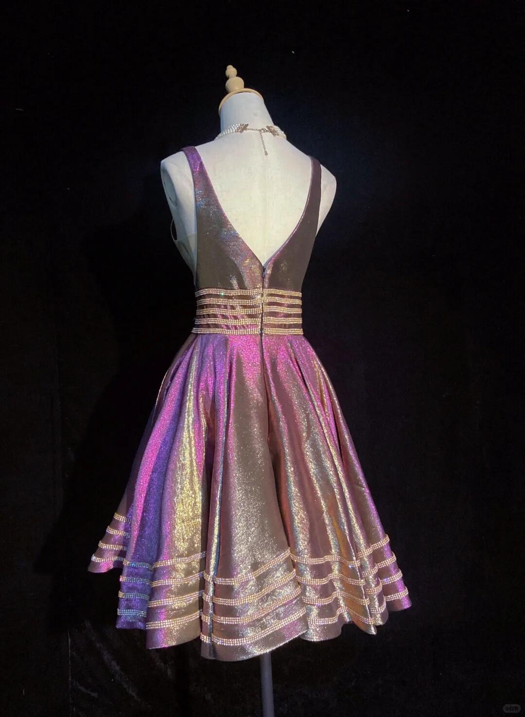 Shiny V Neck Satin Beaded A Line Short Prom Dress,Purple Short 6th Grade Homecoming Dress SP2912