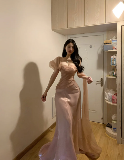 Elegant Pink Tulle Mermaid Long Party Gown Formal Guest Dress SP288