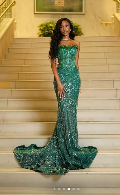 Glamour Mermaid Sweetheart Green Sequin Beads Prom Dresses Party Dress SP4192