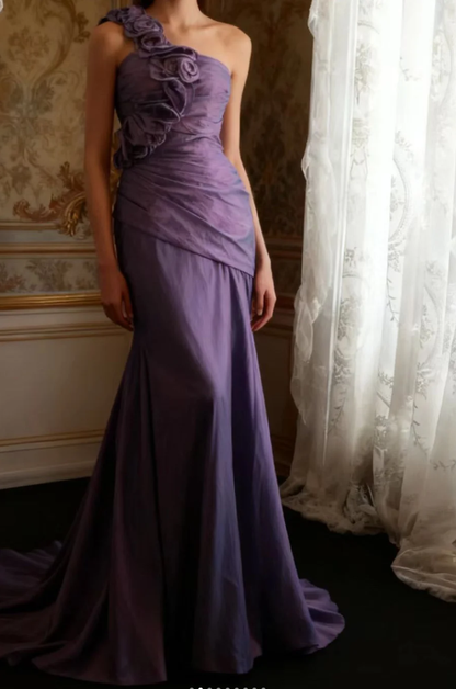 Classy One Satin Pleated Purple Mermaid Party Dress Formal Wedding Guest Dress SP749
