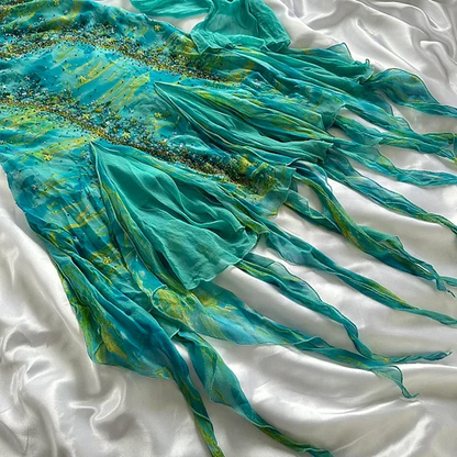 Unique Green Chiffon Beaded Ruffles Long Birthday Party Dress Prom Dress Y9741