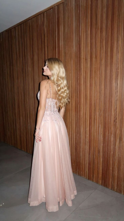 Pretty Spaghetti Straps Pink Tulle Sequin A Line Slit Long Party Dress Birthday Outfits SP1156