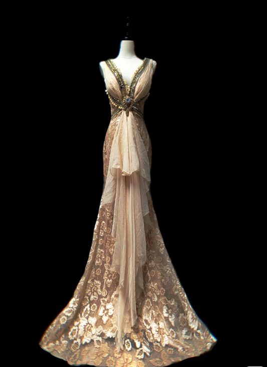 Vintage V Neck Chiffon Lace Beaded Mermaid Prom Gown Long Party Dress SP594