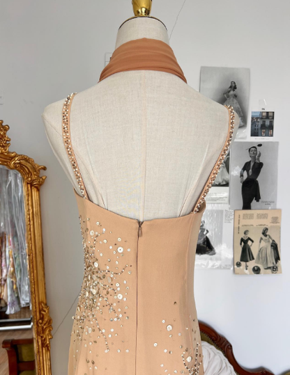 Vintage Spaghetti Straps Peach Hue Satin Sequin Beaded Party Dress Prom Dress With Flowing Scarf SP631