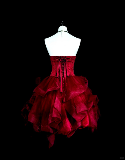 Charming Strapless Tulle Appliques Beaded A Line Short 16th Birthday Outfits,Red Short Graduation Homecoming Dress SP3395