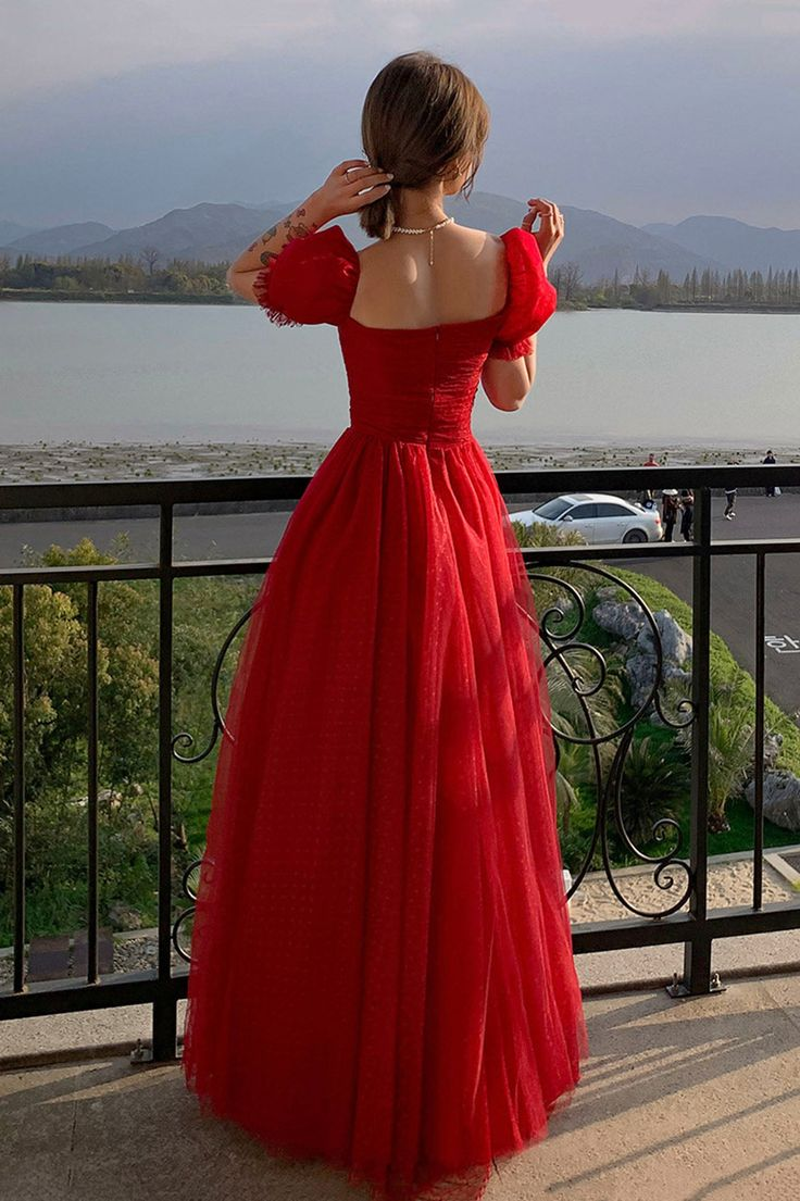 Pretty Red Tulle A Line Prom Dress Long Evening Dress Y7771