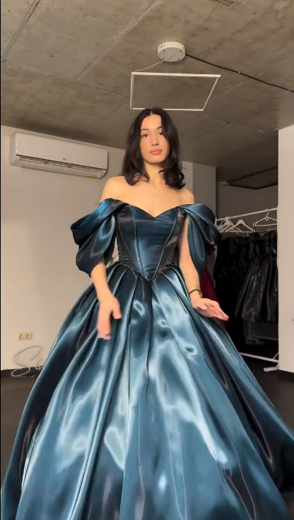 Elegant Off The Shoulder Ball Gown Blue Satin Long Party Dress Birthday Dress SP2144
