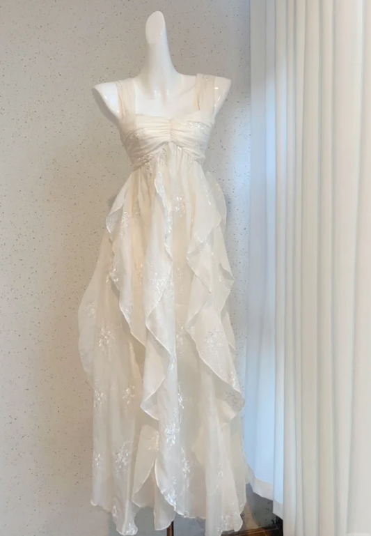 Classy Off-white Chiffon Ruffles Long Party Dress  Prom Dress  SP431