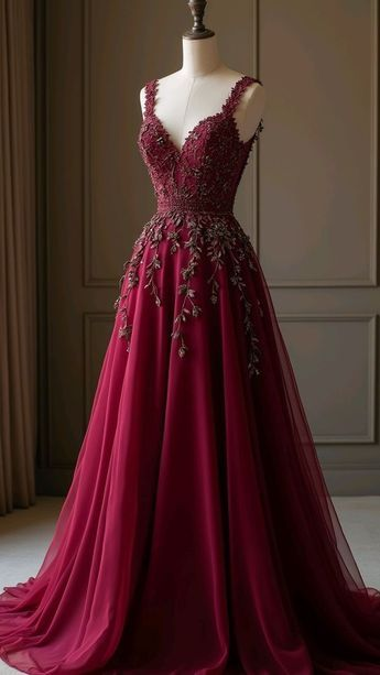 Beautiful Spaghetti Straps Burgundy V Neck Tulle Appliques A Line Long Party Dress Prom Dresses SP2201