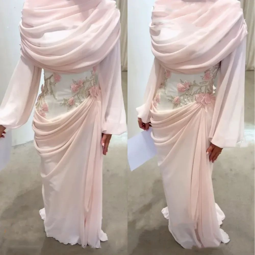 Pretty Pink Chiffon Pleated Mermaid Long Wedding Guest Dress Birthday Evening Gown SP1138