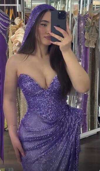 Glitter Sweetheart Neck Purple Sequin Pleated Long  Evening Dress Prom Gown SP3762